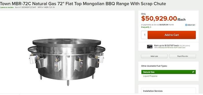 Used TOWN MBR-72C Natural Gas 72" Flat Top Mongolian BBQ Range Grill Griddle