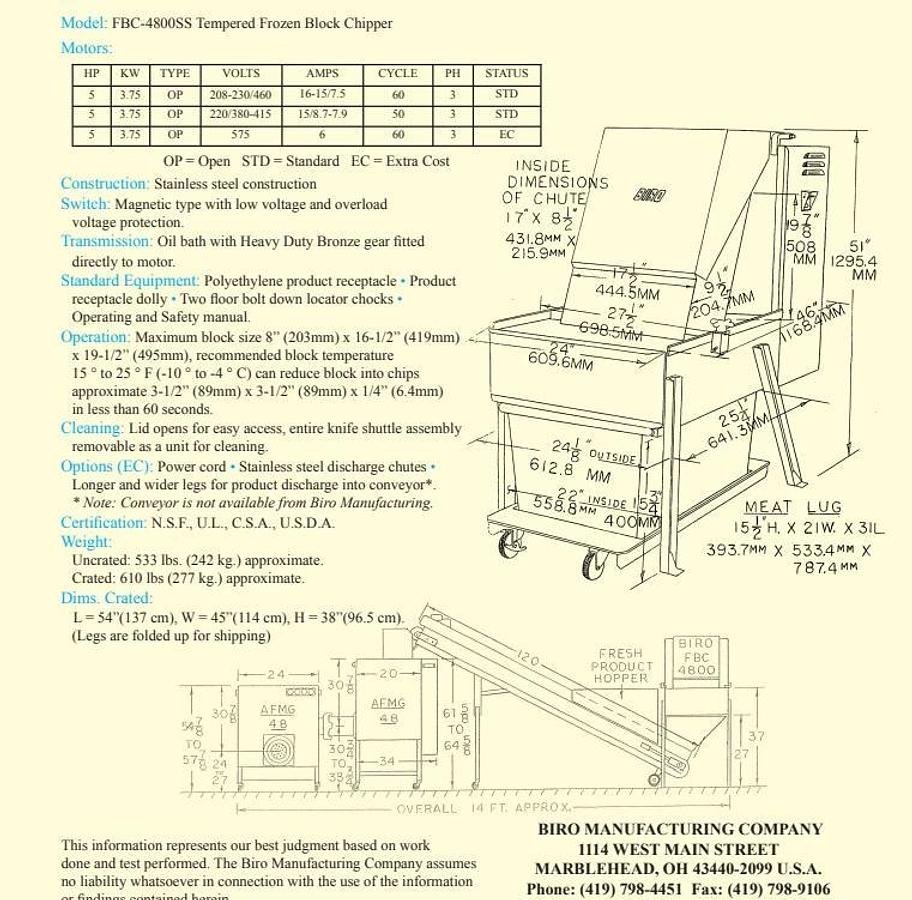 Used BIRO FBC4800 Frozen Meat Block Chipper