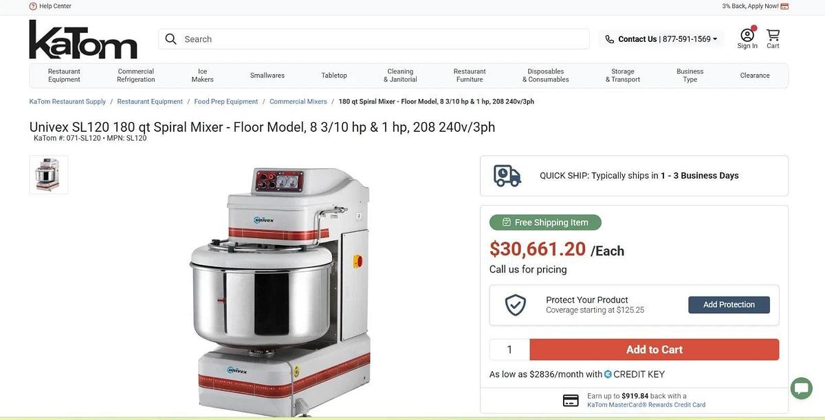 Used UNIVEX SL120 180 qt Spiral Dough Mixer 